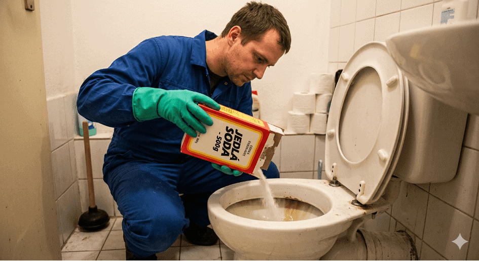 Muž aplikuje jedlou sodu do záchodové mísy | Pohotovost-vodaodpady.cz