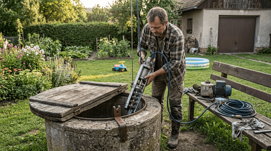 Pán kontroluje a mění čerpadlo ve studni na zahradě | Pohotovost-vodaodpady.cz