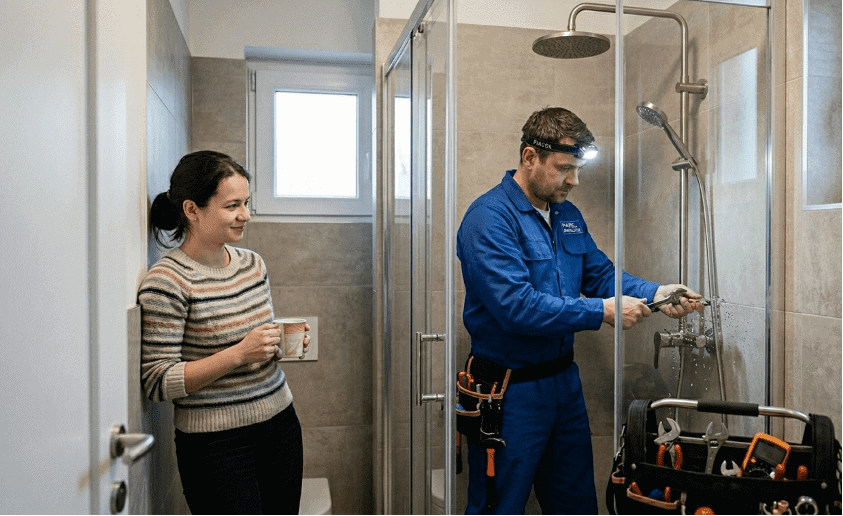 Instalatér opravuje tlak vody v koupelně | Pohotovost-vodaodpady.cz