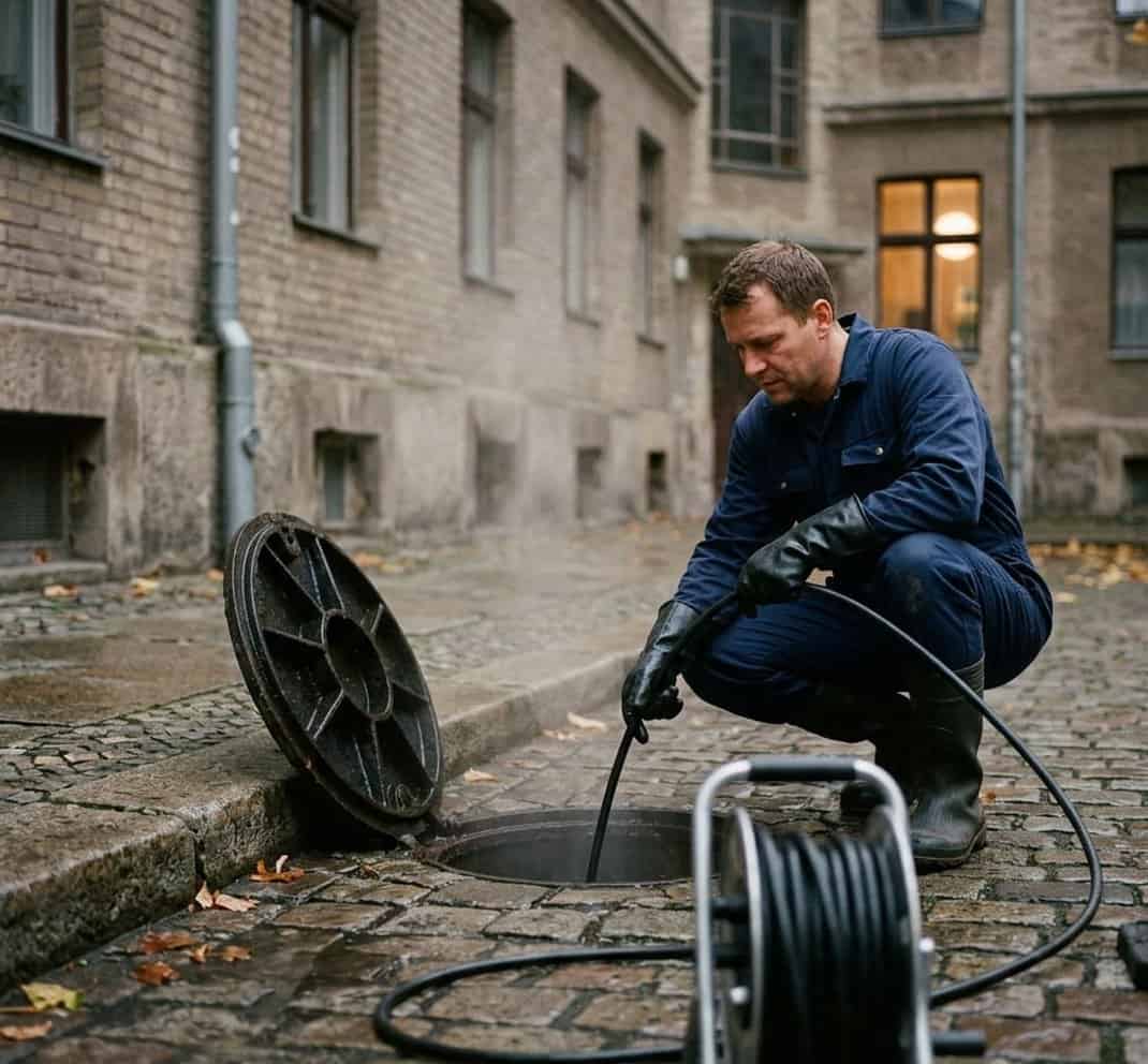 Technik čistí ucpané odpadní potrubí strojní spirálou