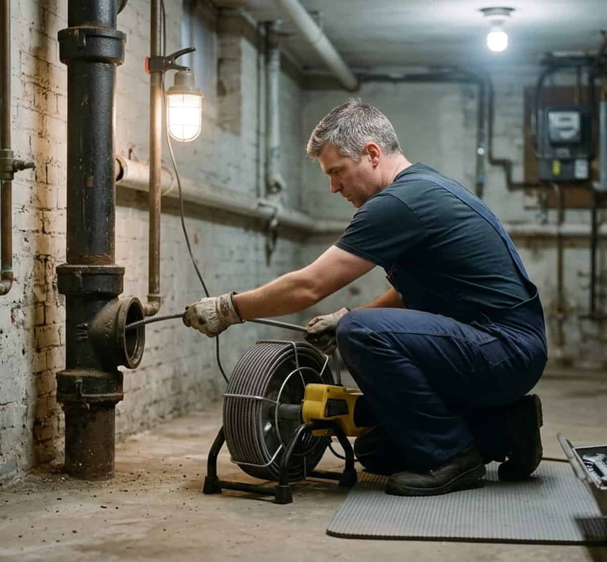 Technik čistí ucpané odpadní potrubí strojem v bytovém domě