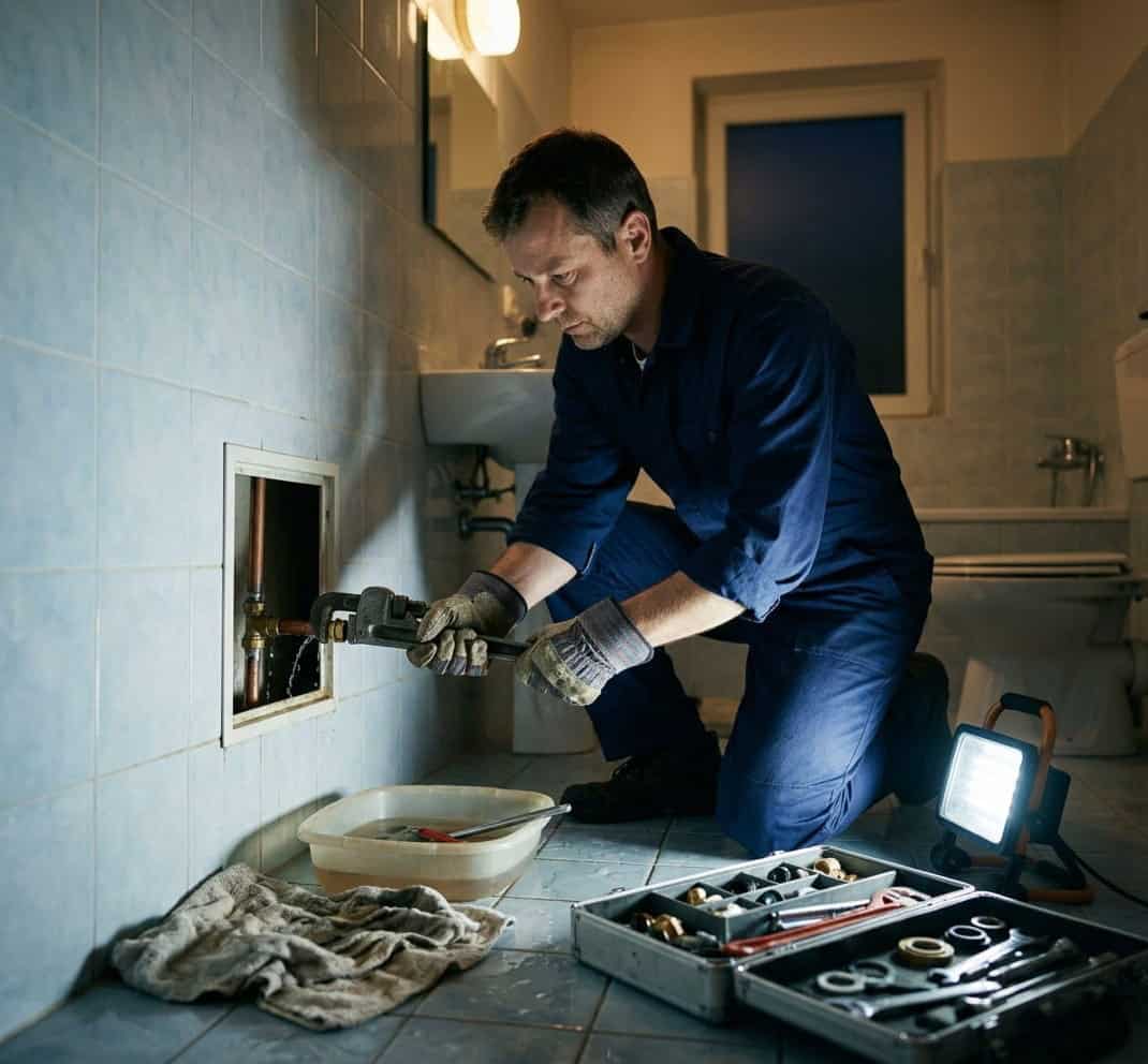 Instalatér při havarijním zásahu na vodovodním potrubí