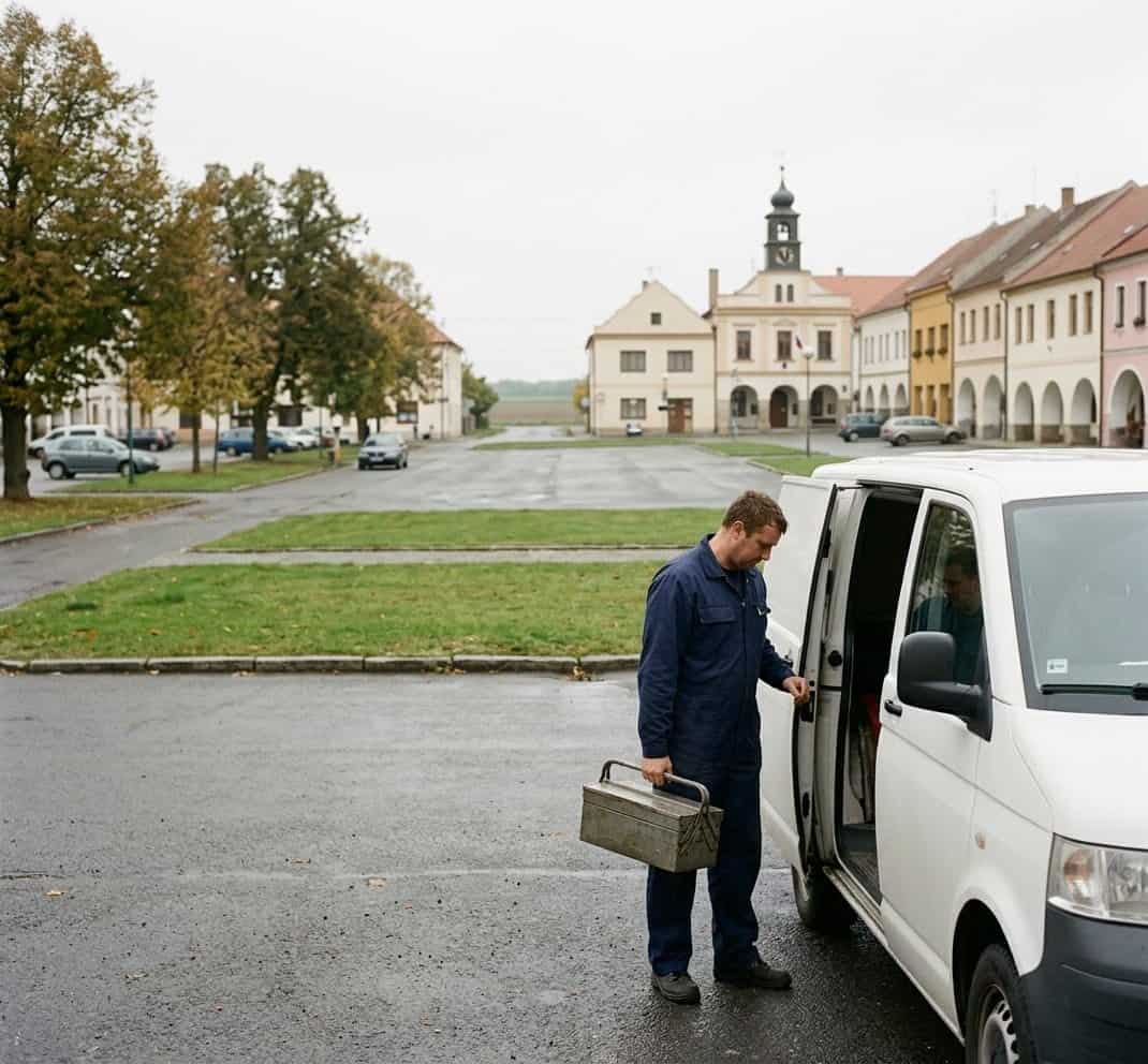 Servisní vůz instalatérské pohotovosti u rodinného domu na Novobydžovsku