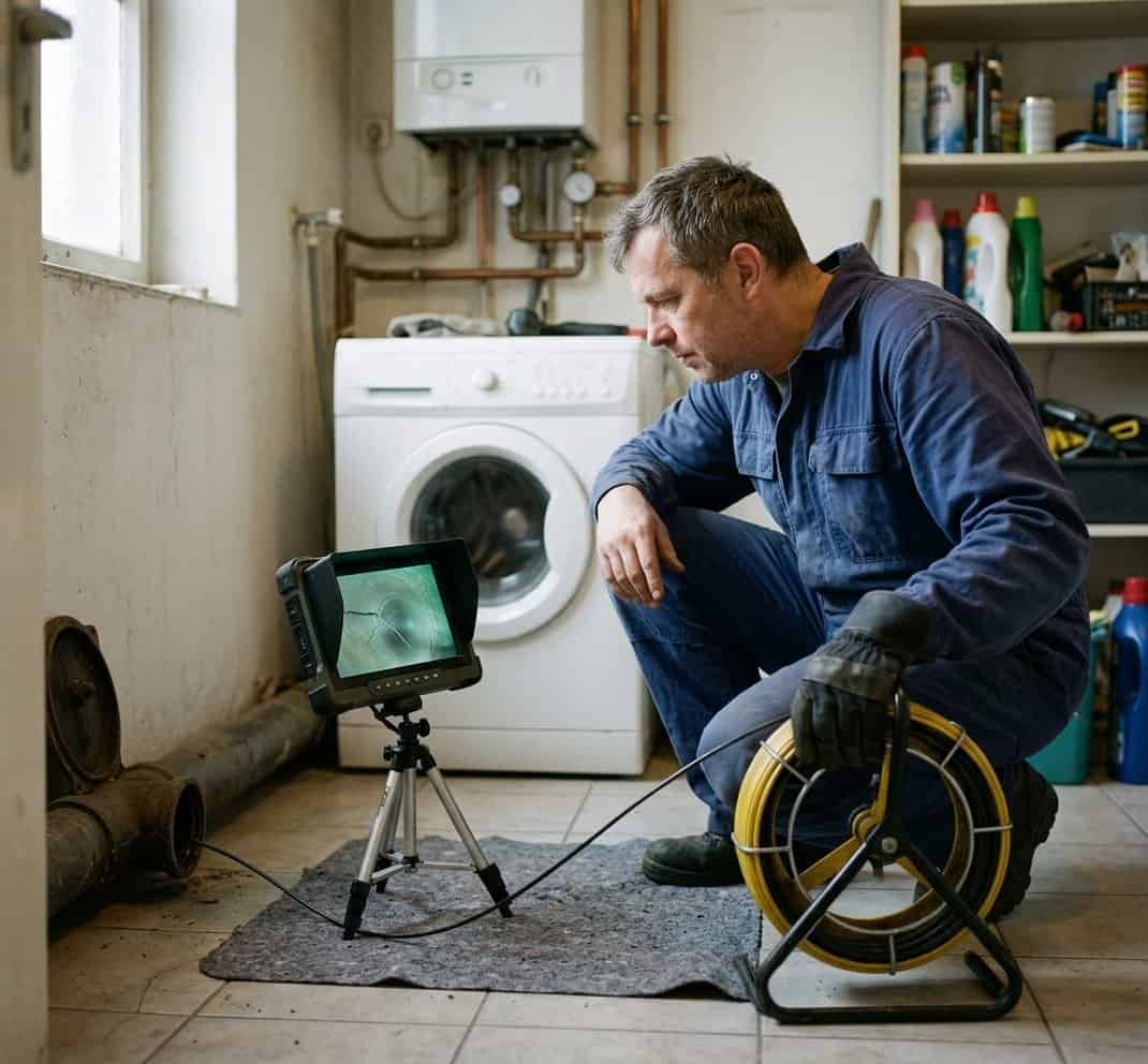 Technik sleduje na monitoru záznam z kamery zavedené do kanalizačního potrubí
