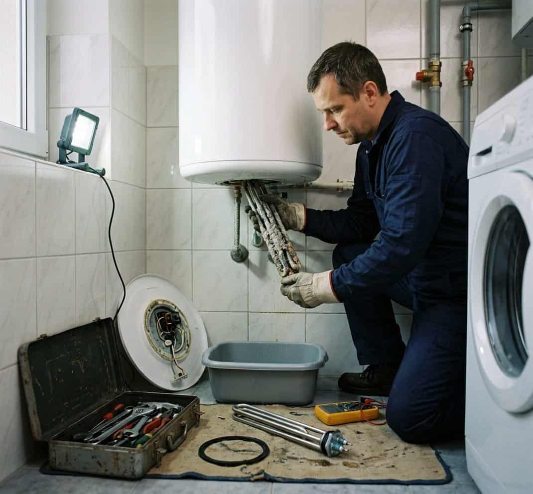 Technik opravuje elektrický zásobníkový bojler a měří topné těleso