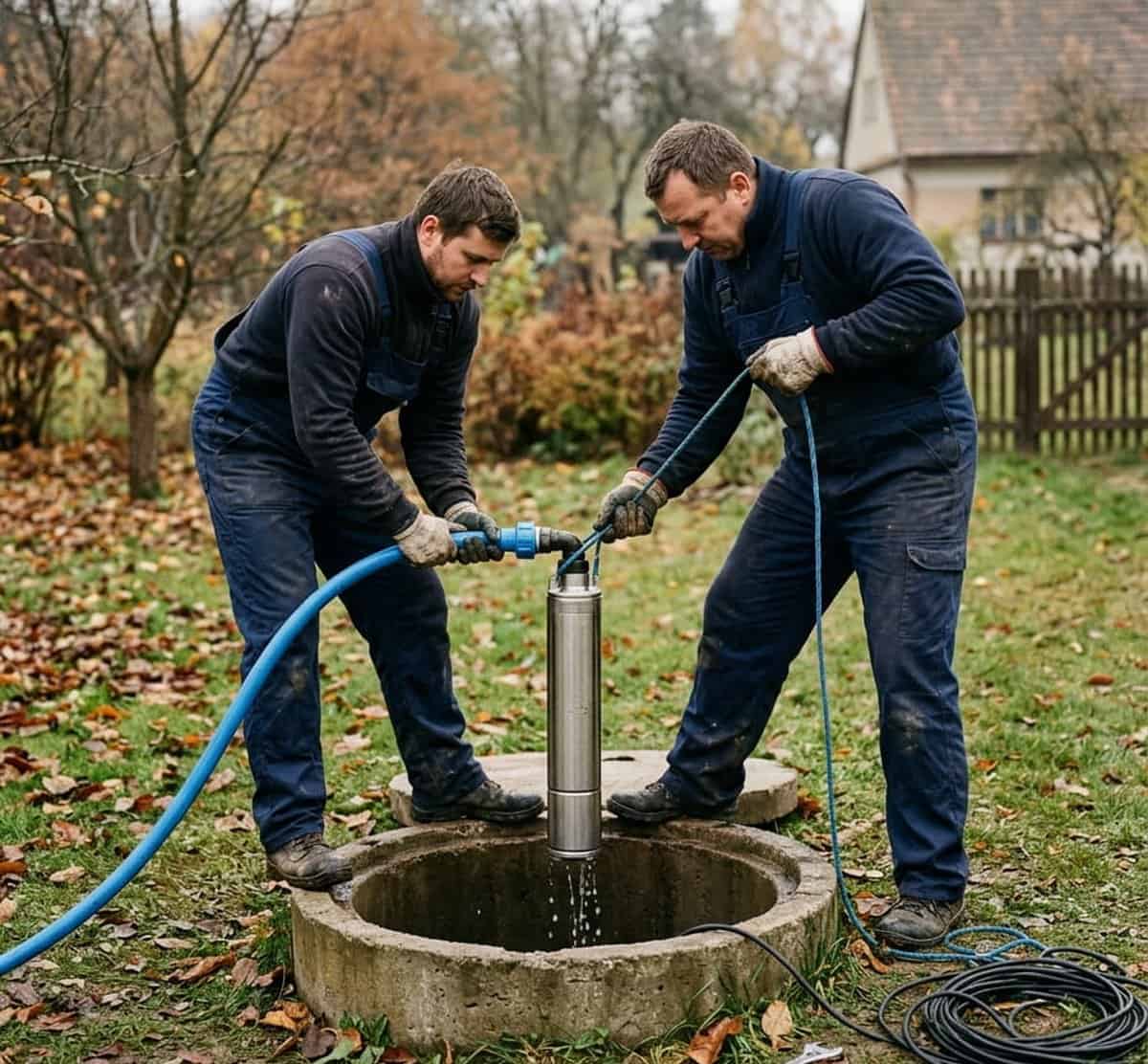 Technik při opravě kalového čerpadla v jímce