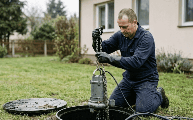 Technik vytahuje kanalizační čerpadlo z čerpací šachty