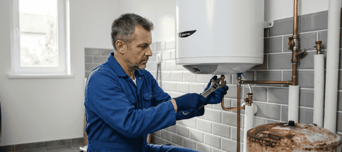 Instalatér montuje nový zásobníkový bojler v technické místnosti