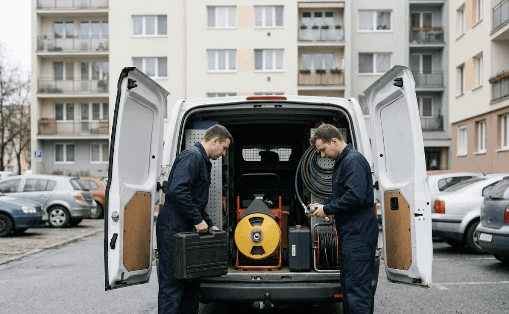 Technici vykládají vybavení na čištění odpadů ze servisní dodávky