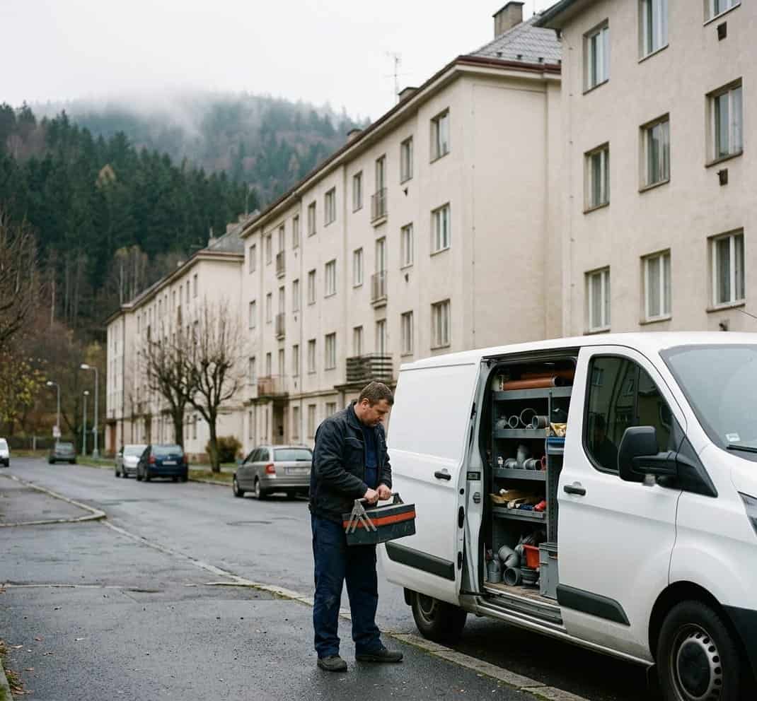 Servisní vůz instalatérské pohotovosti v podhorské zástavbě