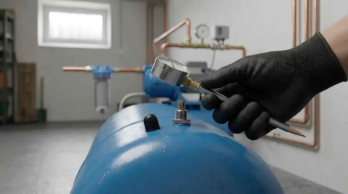 Kontrola tlaku vzduchu na ventilku tlakové nádoby domácí vodárny pneuměřičem